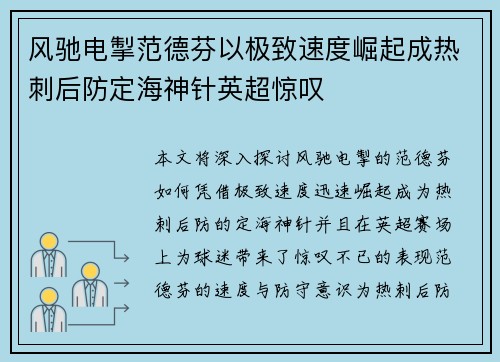 风驰电掣范德芬以极致速度崛起成热刺后防定海神针英超惊叹